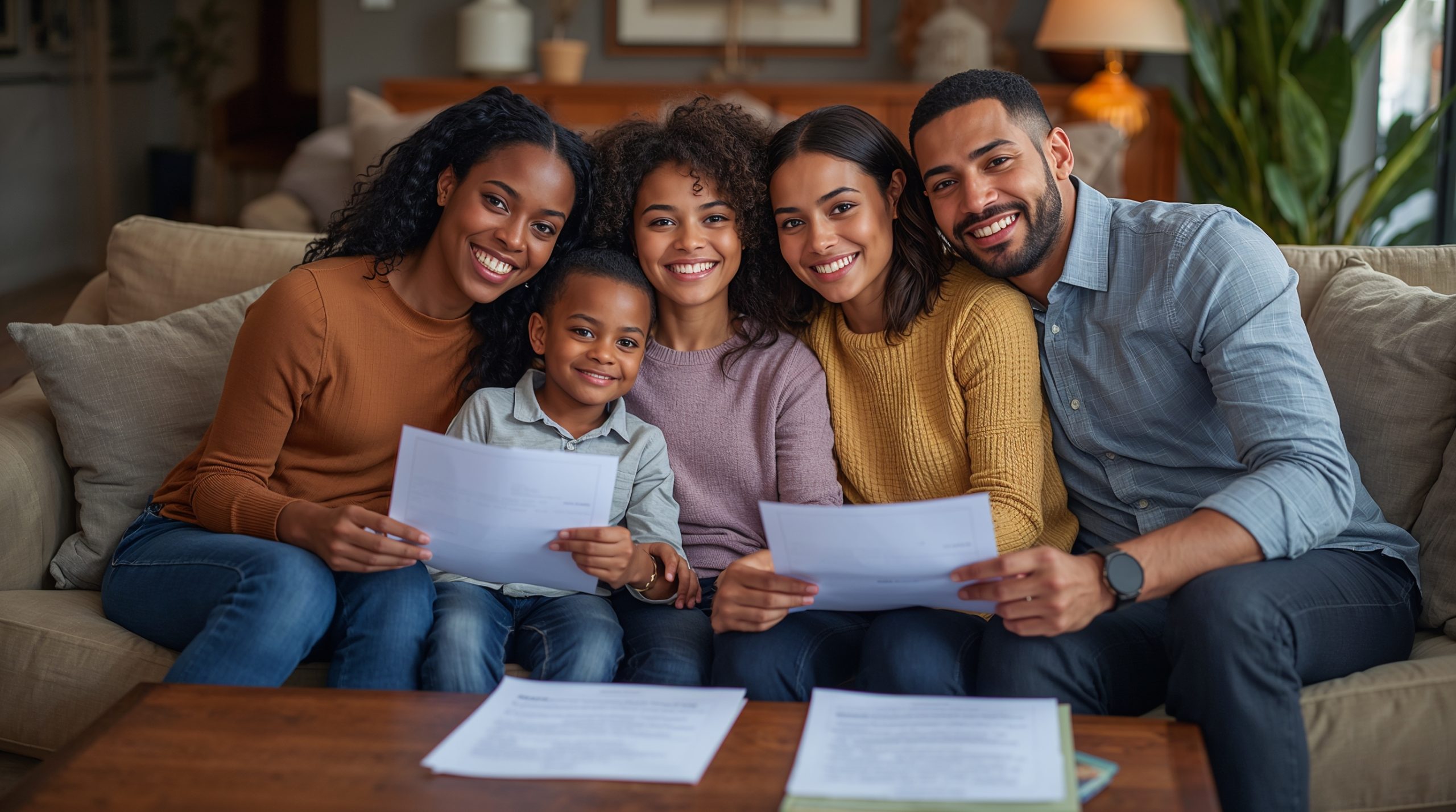 Blended family reviewing estate planning documents together