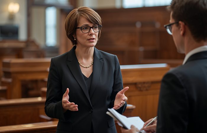 Criminal defense lawyer advising client in Wayne County courtroom