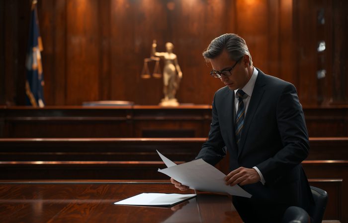Criminal defense lawyer standing in courtroom reviewing documents