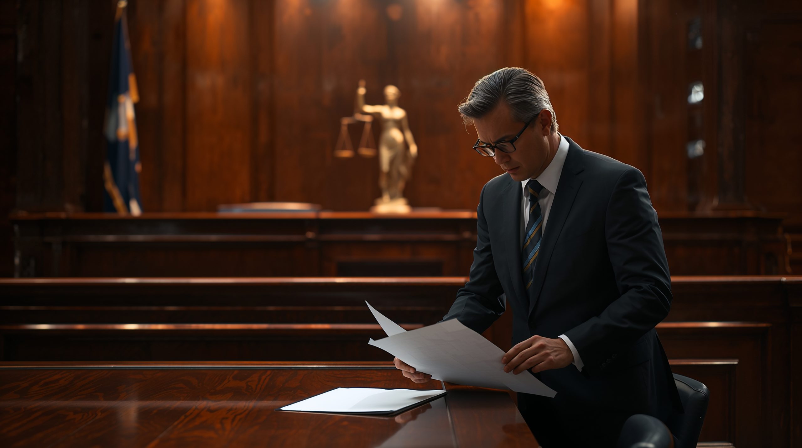 Criminal defense lawyer standing in courtroom reviewing documents