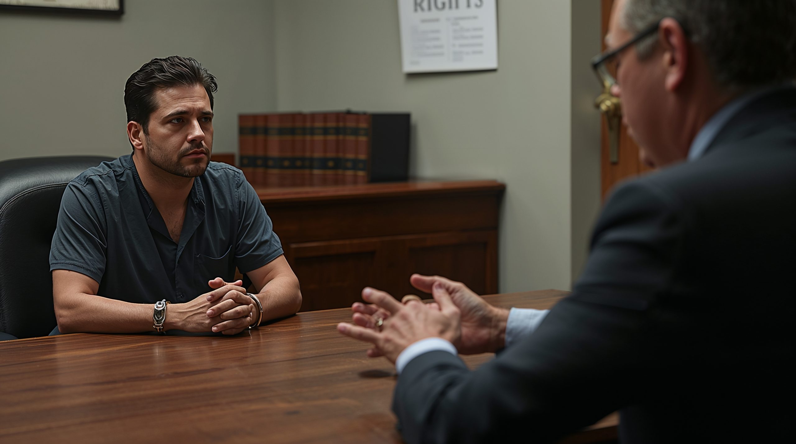 Defense lawyer advising arrested client at police station
