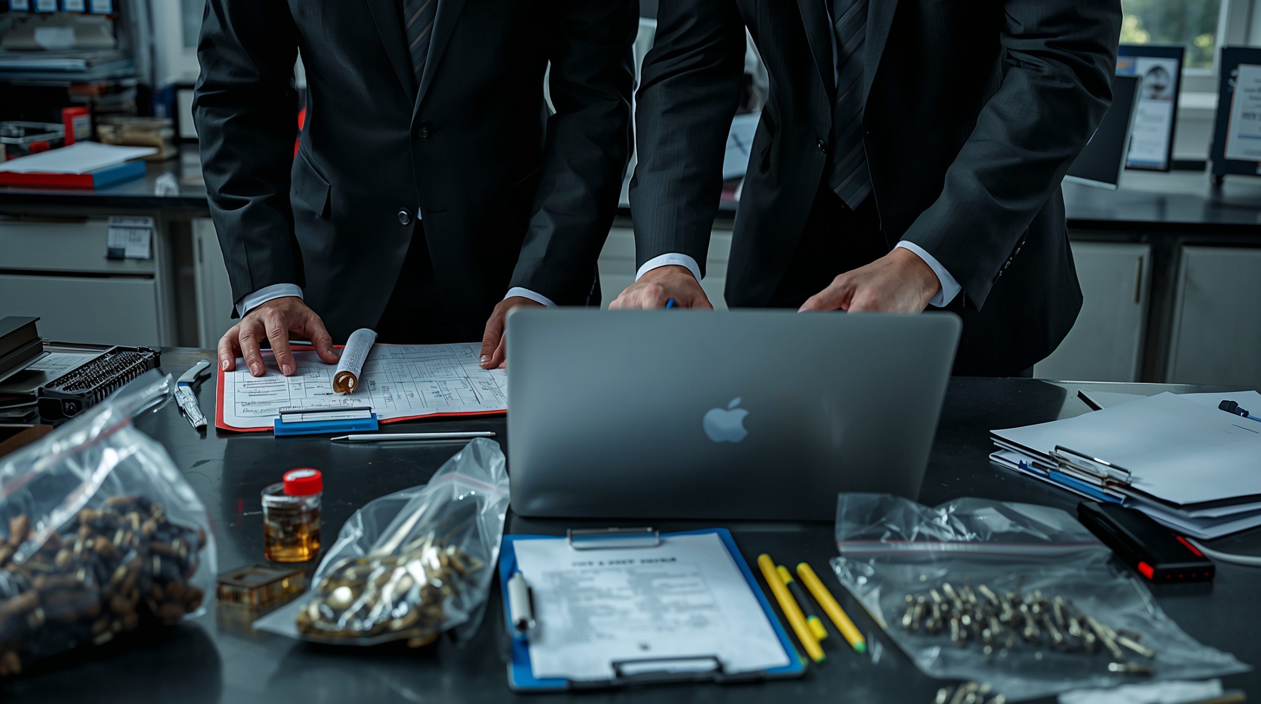 Defense lawyer and investigator reviewing forensic evidence for defense strategy