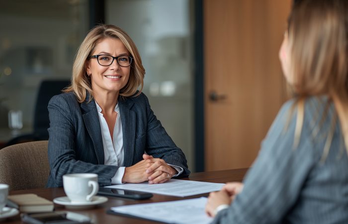 Divorce lawyer consulting with client during initial meeting