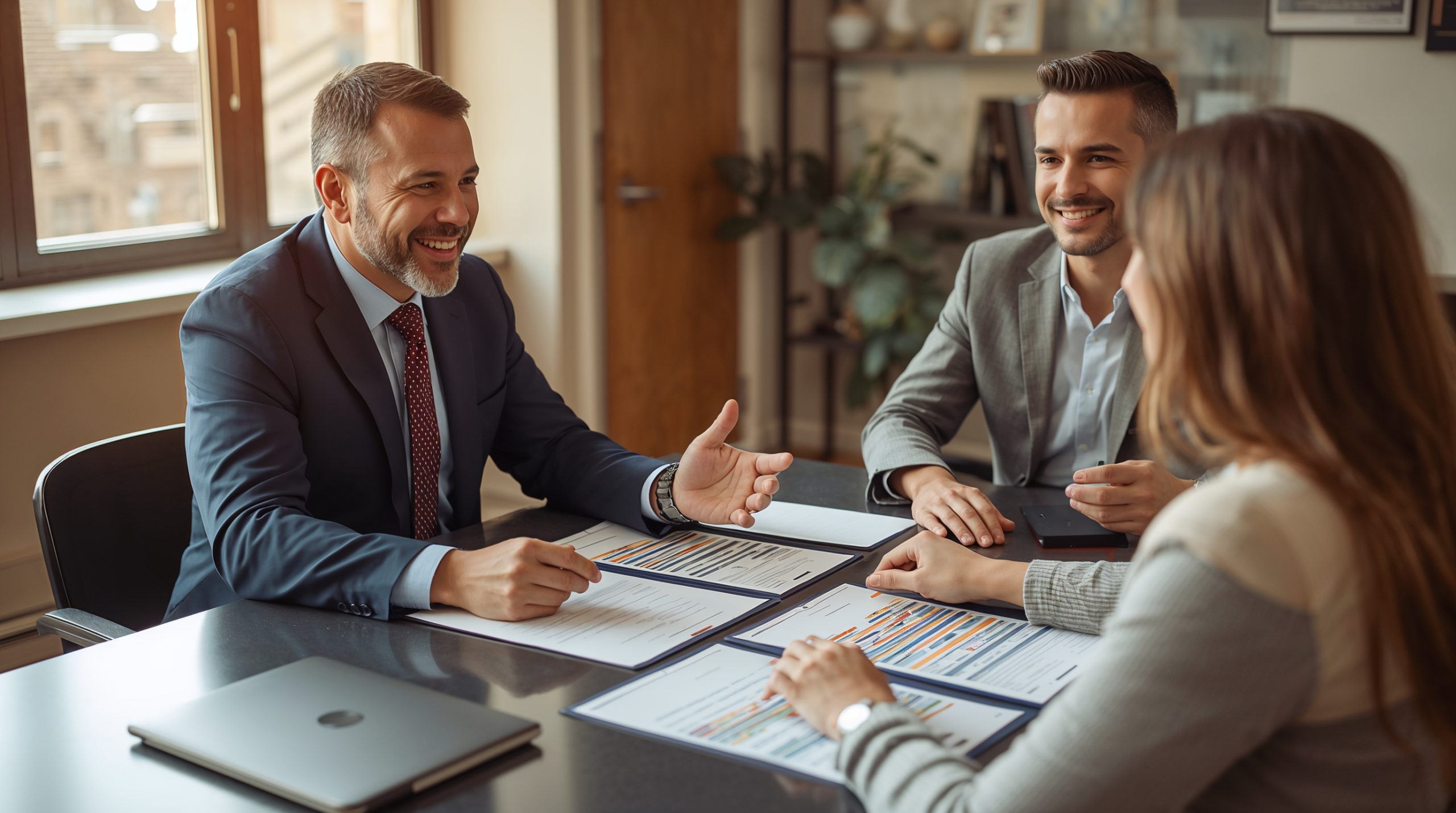 Estate planning attorney discussing plans with clients
