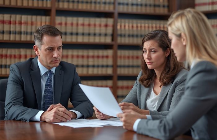Family law attorney meeting with divorcing couple to discuss legal strategy