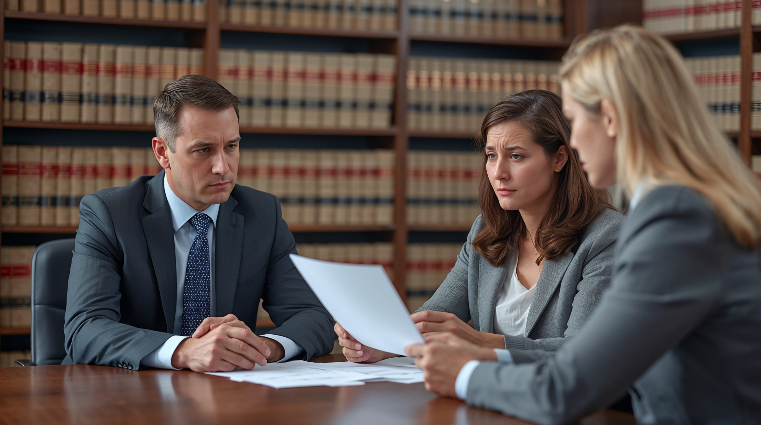 Family law attorney meeting with divorcing couple to discuss legal strategy