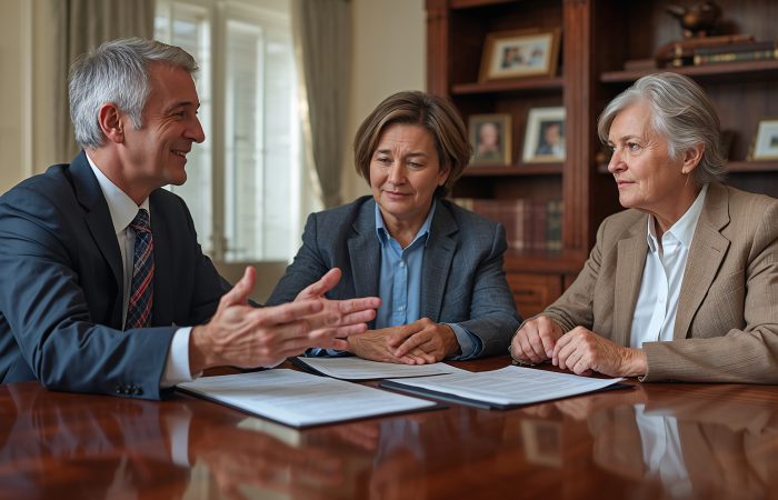 Will and trust lawyer advising clients about estate planning options.