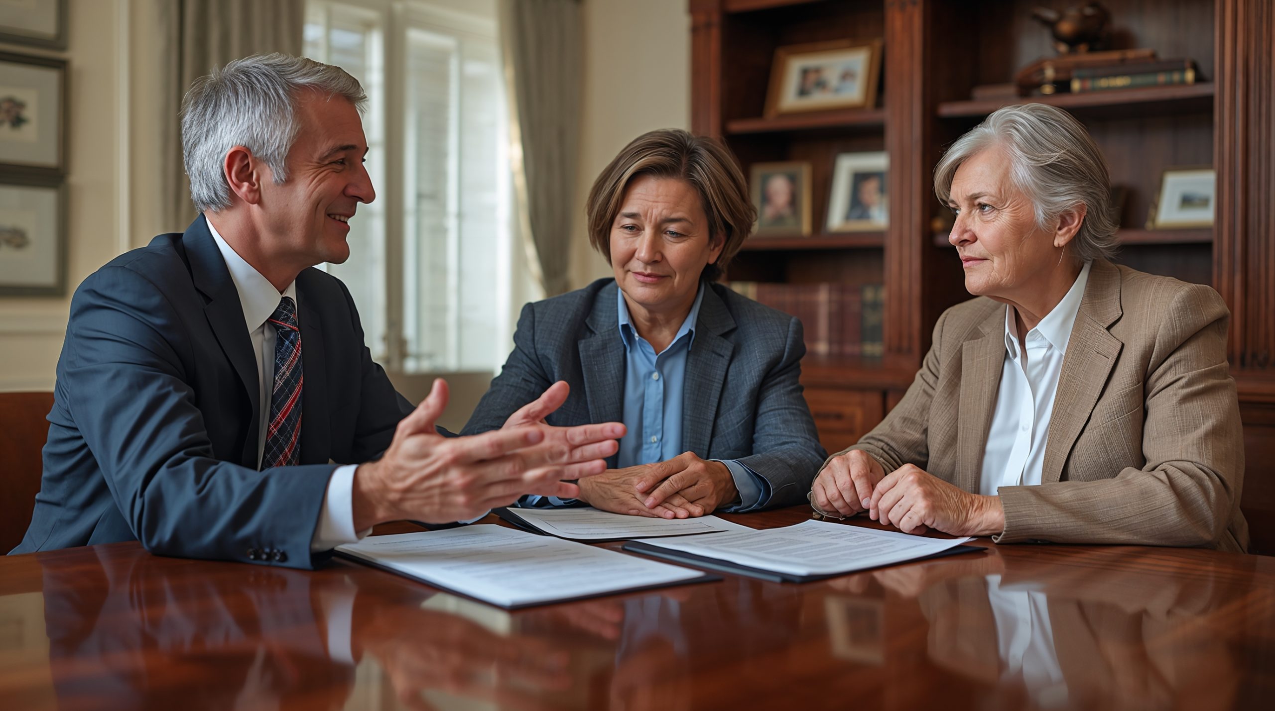 Will and trust lawyer advising clients about estate planning options.