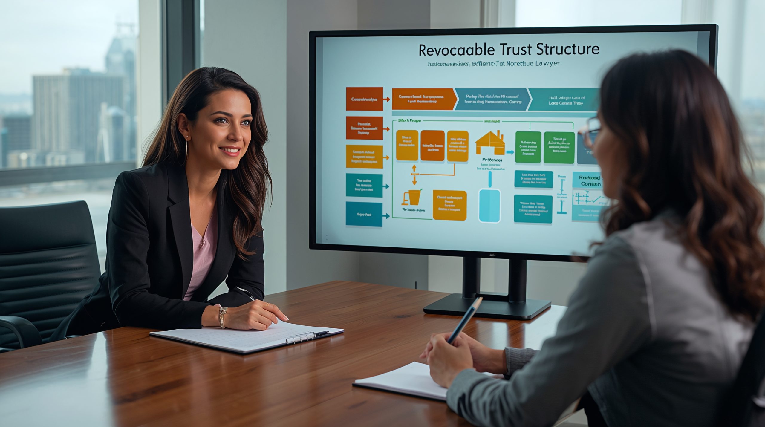 Will and trust lawyer explaining types of trusts to a client.